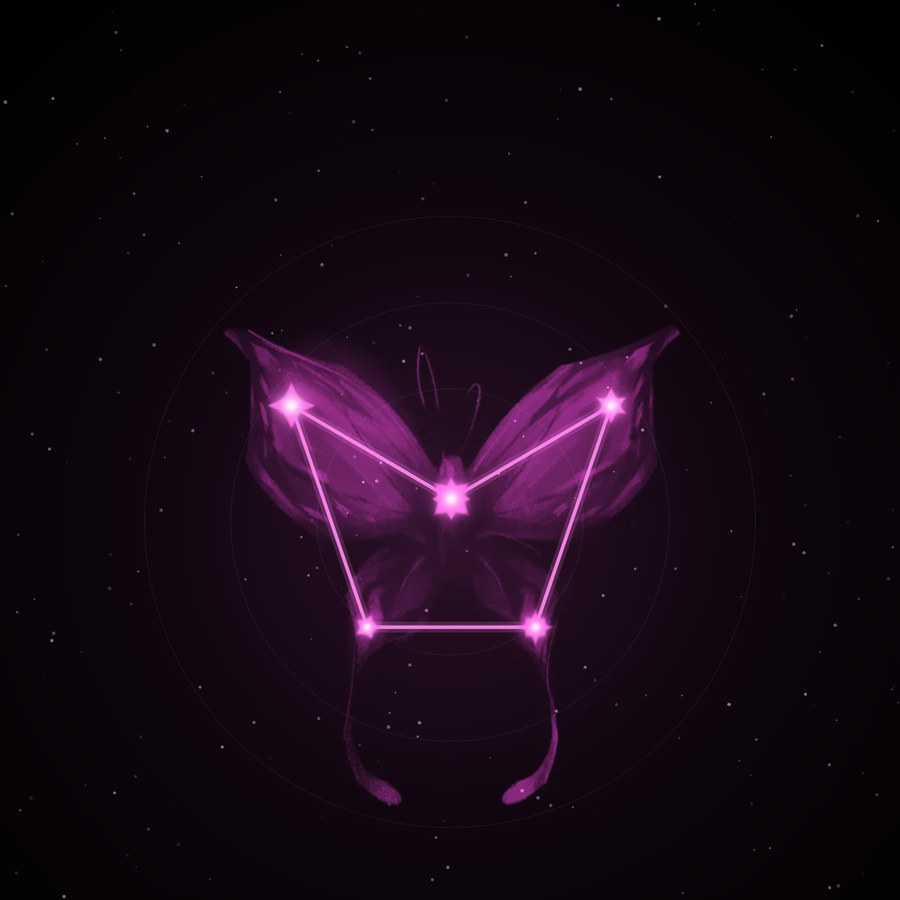 The Butterfly Constellation star chart — five stars joined into a constellation